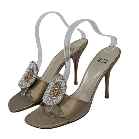 Stuart Weitzman Slip On Rhinestone Trimmed Heel Sandals Gold Size 8 - Picture 1 of 12